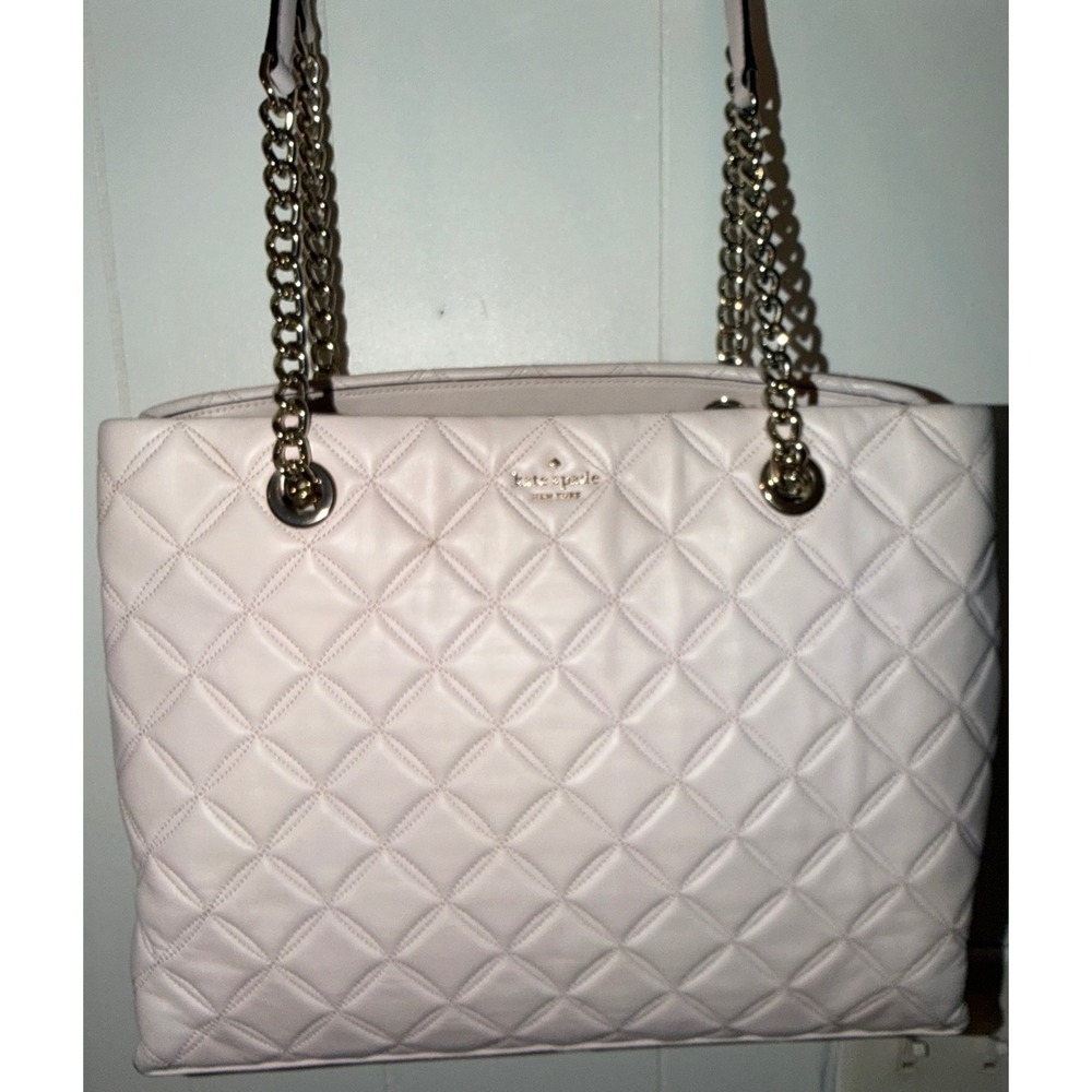 Kate Spade New York Quilted Leather Tote Bag Pale Pink Gold Chain Shoulder Bag